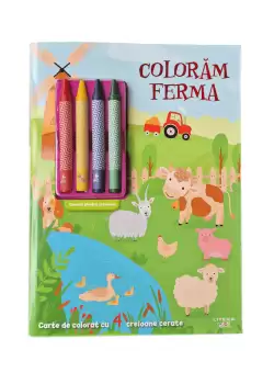 Coloram ferma. Carte de colorat cu 4 creioane cerate