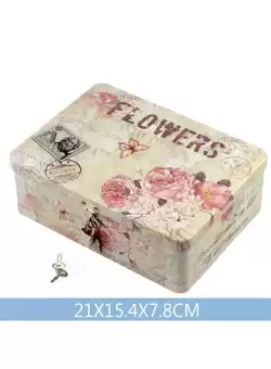 Cutie Decorativa Metalica cu lacat, Patrata, Model Flowers, 21x15.4x7.8cm